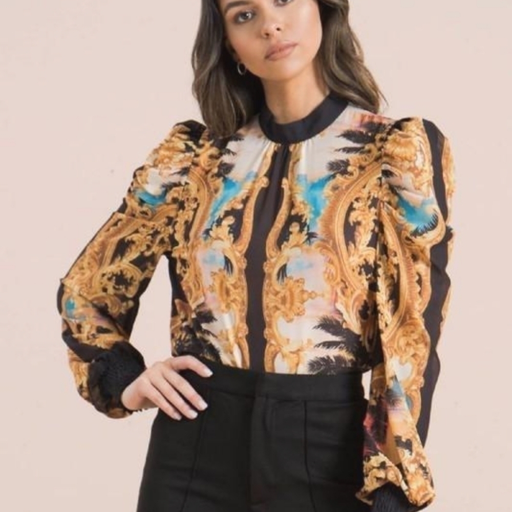 Jealous Tomato Baroque Print Puff Sleeve Blouse in Gold, Black & Teal